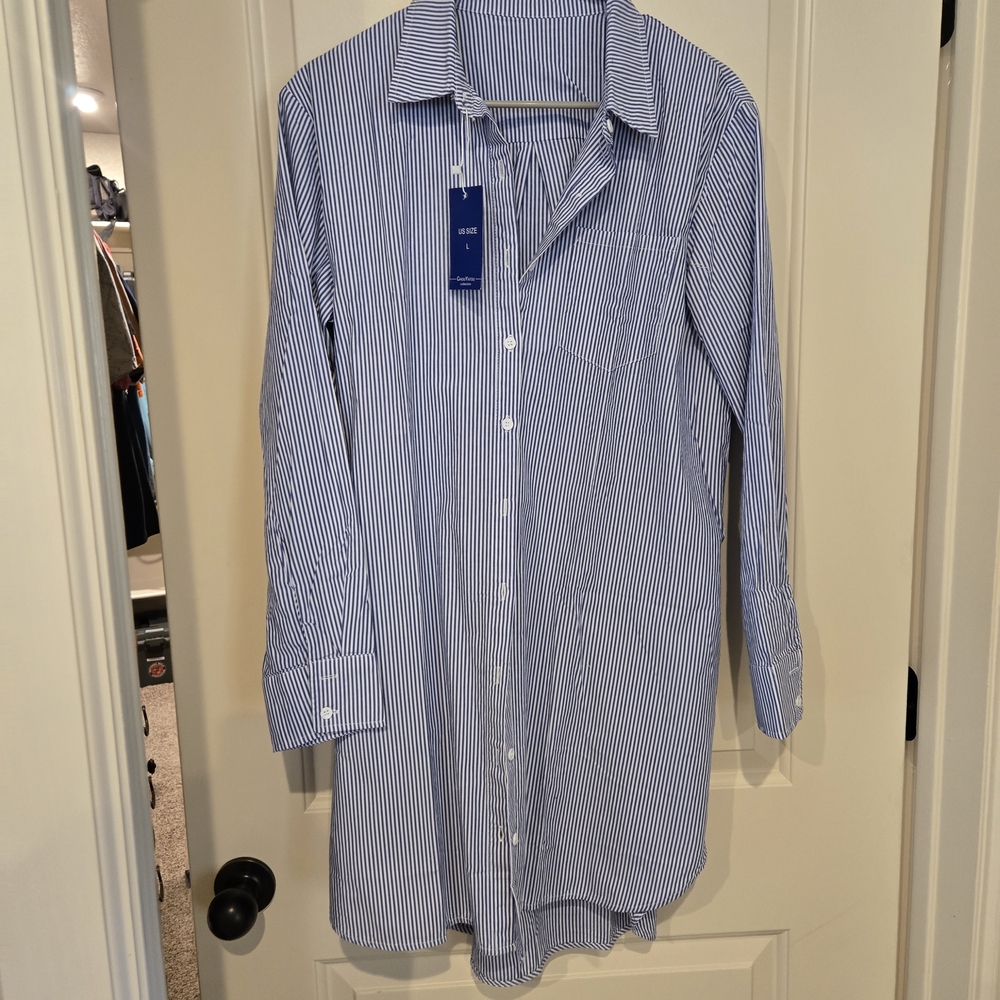 Blue and White Striped Shirt Dress